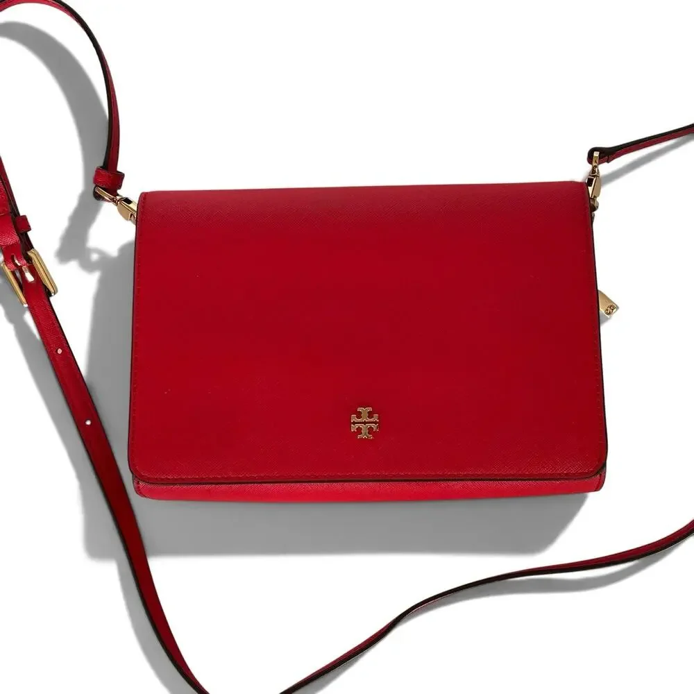 TORY BURCH Leather Crossbody Bag with Gold Hardware - Poppy Red Color